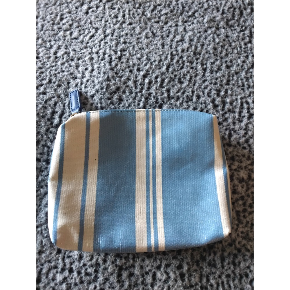 Lulus Blue White Striped Makeup Bag Coated Canvas Travel Toiletry Pouch Zipper